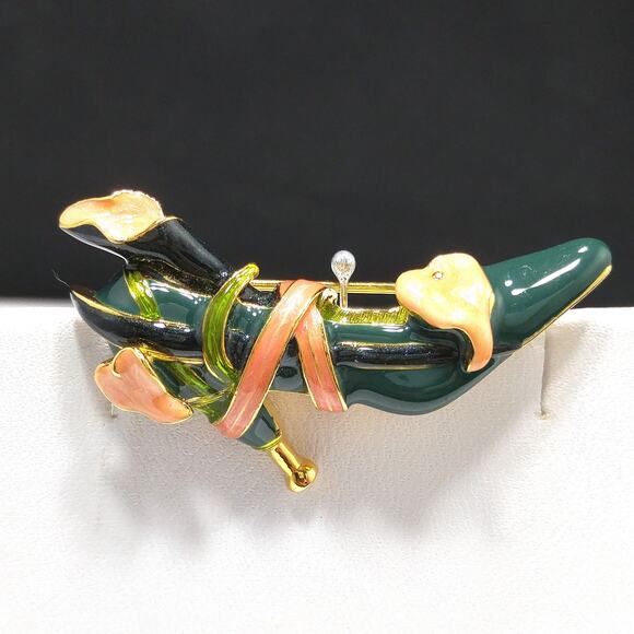 Vintage Kenneth Jay Lane Enamel High Heel Shoe Brooch, Green & Pink Lily Design - Picture 10 of 10